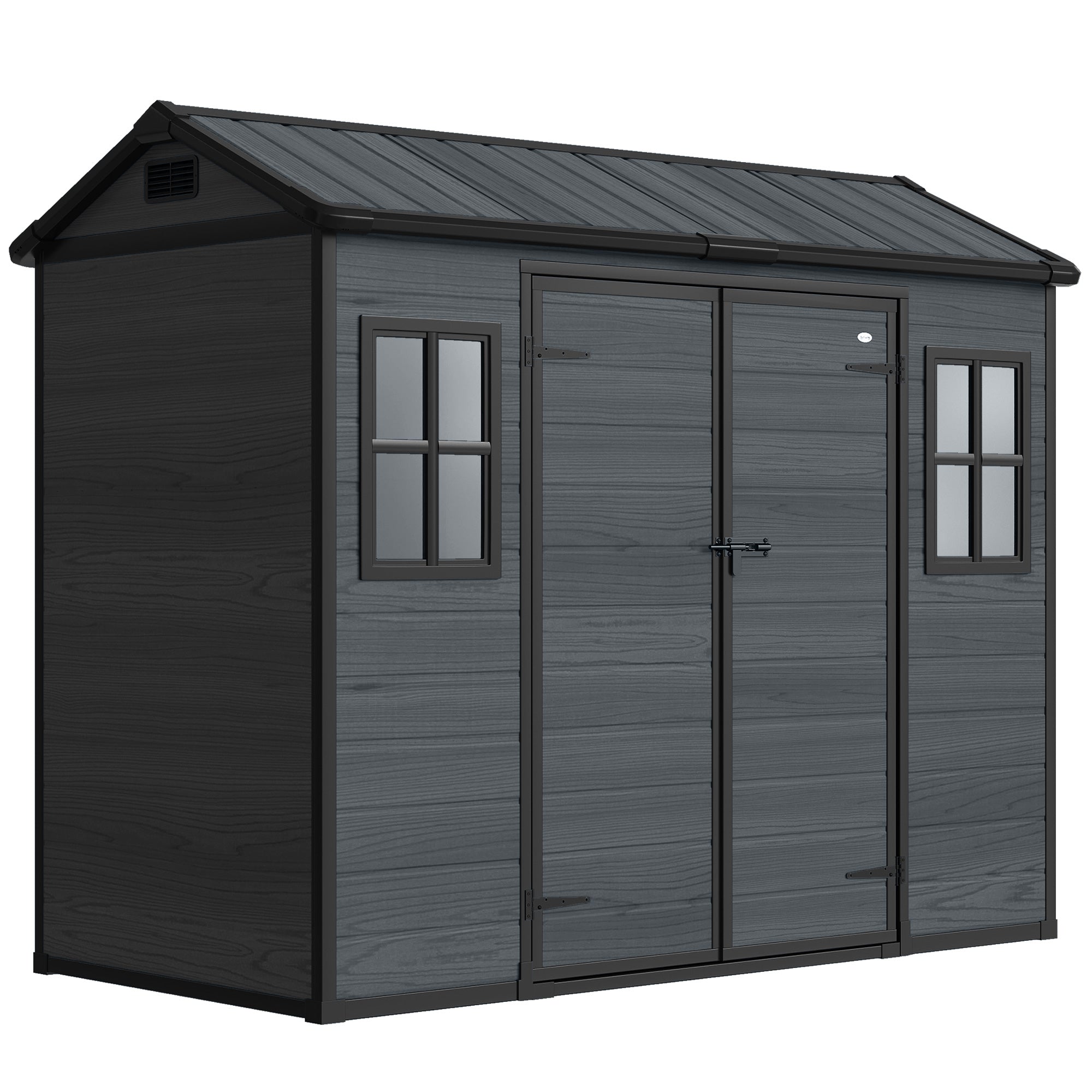Outsunny 8 x 4 ft Resin Garden Shed, Wood-Effect Outdoor Storage Shed with Floor, Windows, Lockable Doors and Vents, Dark Grey 
