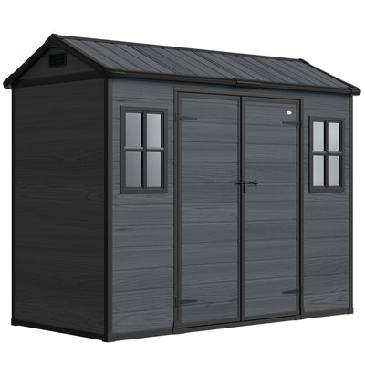 Outsunny 8 x 4 ft Resin Garden Shed, Wood-Effect Outdoor Storage Shed with Floor, Windows, Lockable Doors and Vents, Dark Grey 