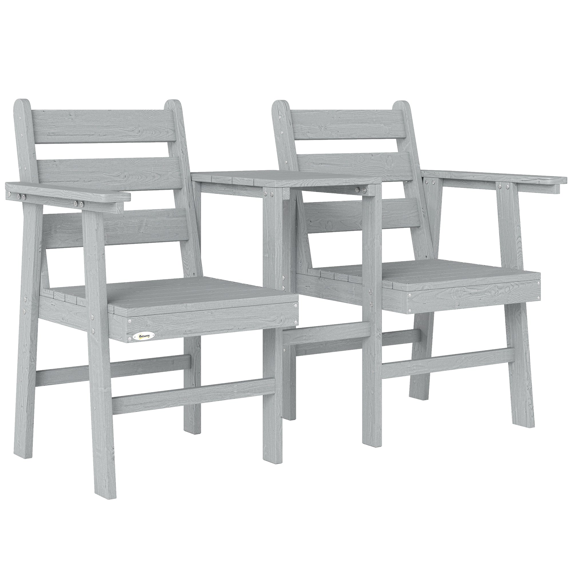 Outsunny Outdoor Garden Loveseat, Embossed Wooden Jack and Jill Garden Seat with Integrated Table, Grey 