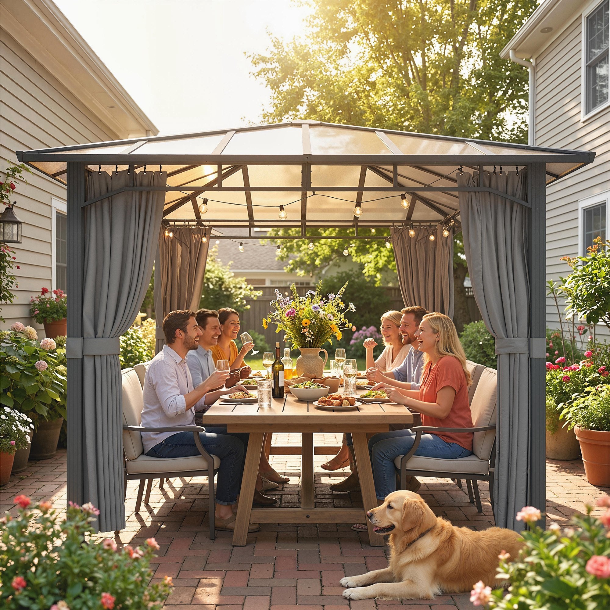 Outsunny 3 x 3 m Outdoor Hardtop Gazebo Canopy with PC Roof, Aluminium Permanent Pavilion Garden Gazebo with Curtains, Tan 