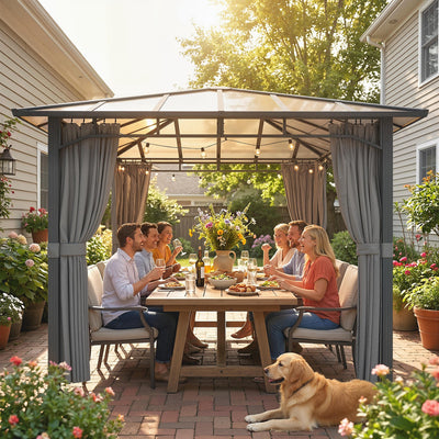 Outsunny 3 x 3 m Outdoor Hardtop Gazebo Canopy with PC Roof, Aluminium Permanent Pavilion Garden Gazebo with Curtains, Tan 