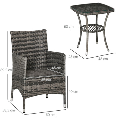 Outsunny 3 Pieces Rattan Bistro Set, Wicker Garden Furniture Set with 2-Tier Coffee Table and Chairs, Washable Cushions, for Outdoor Patio Balcony, Mixed Grey 