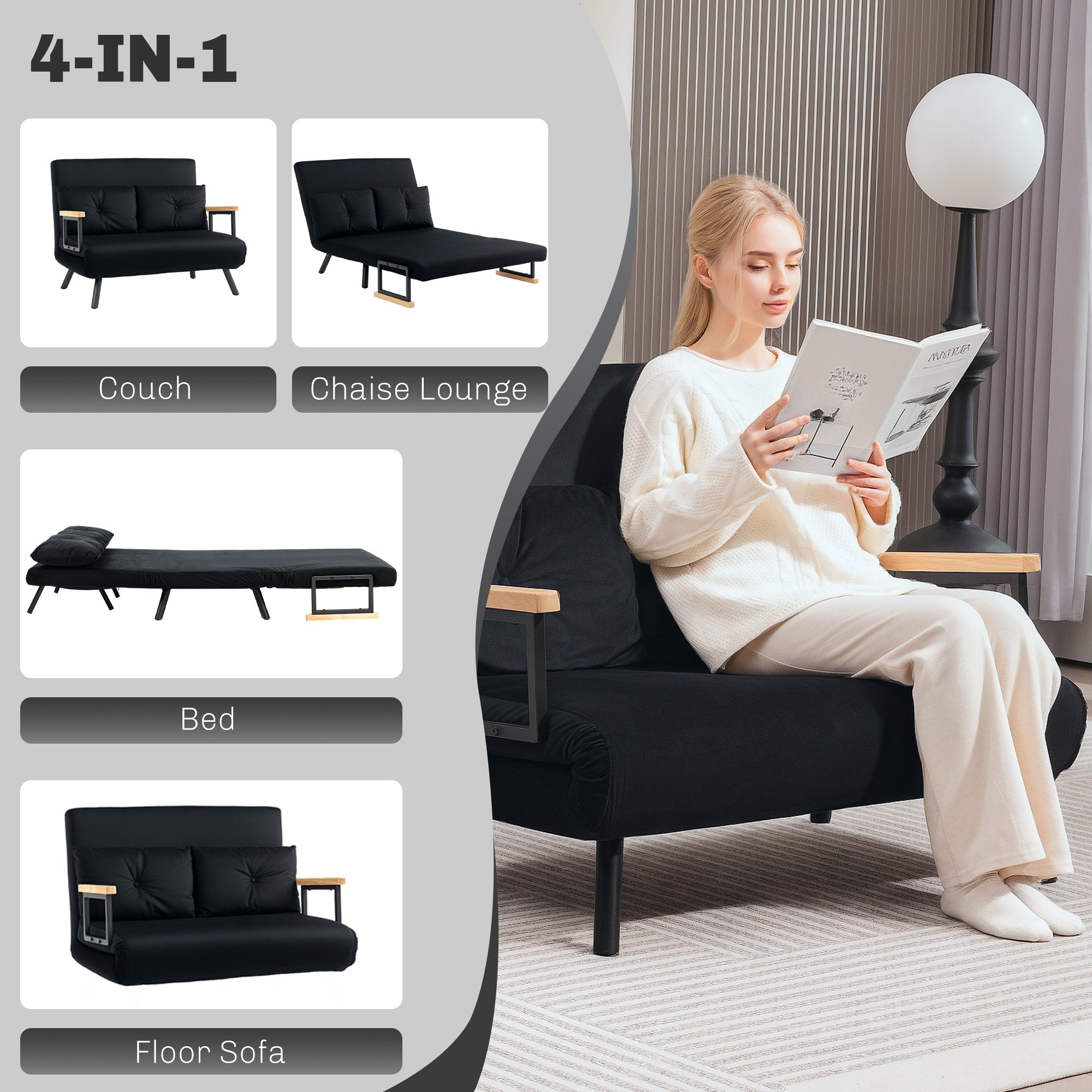 HOMCOM 4-in-1 Velvet-Feel Double Sofa Bed, with Pillows - Black 