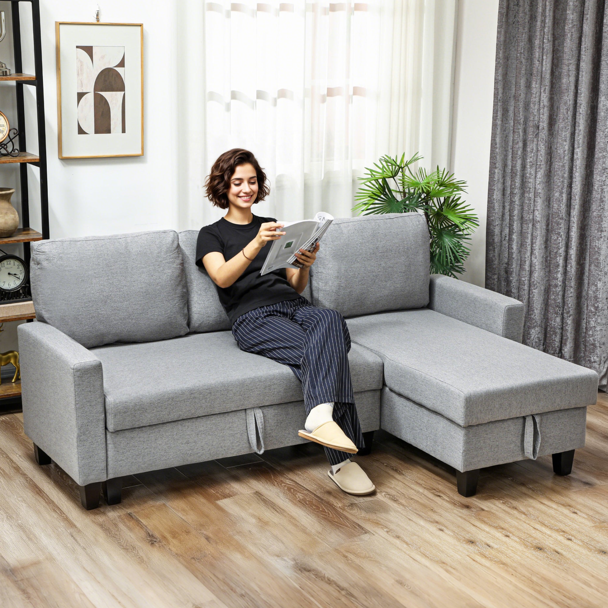 HOMCOM Three-Seater Storage Sofa Bed - Grey 