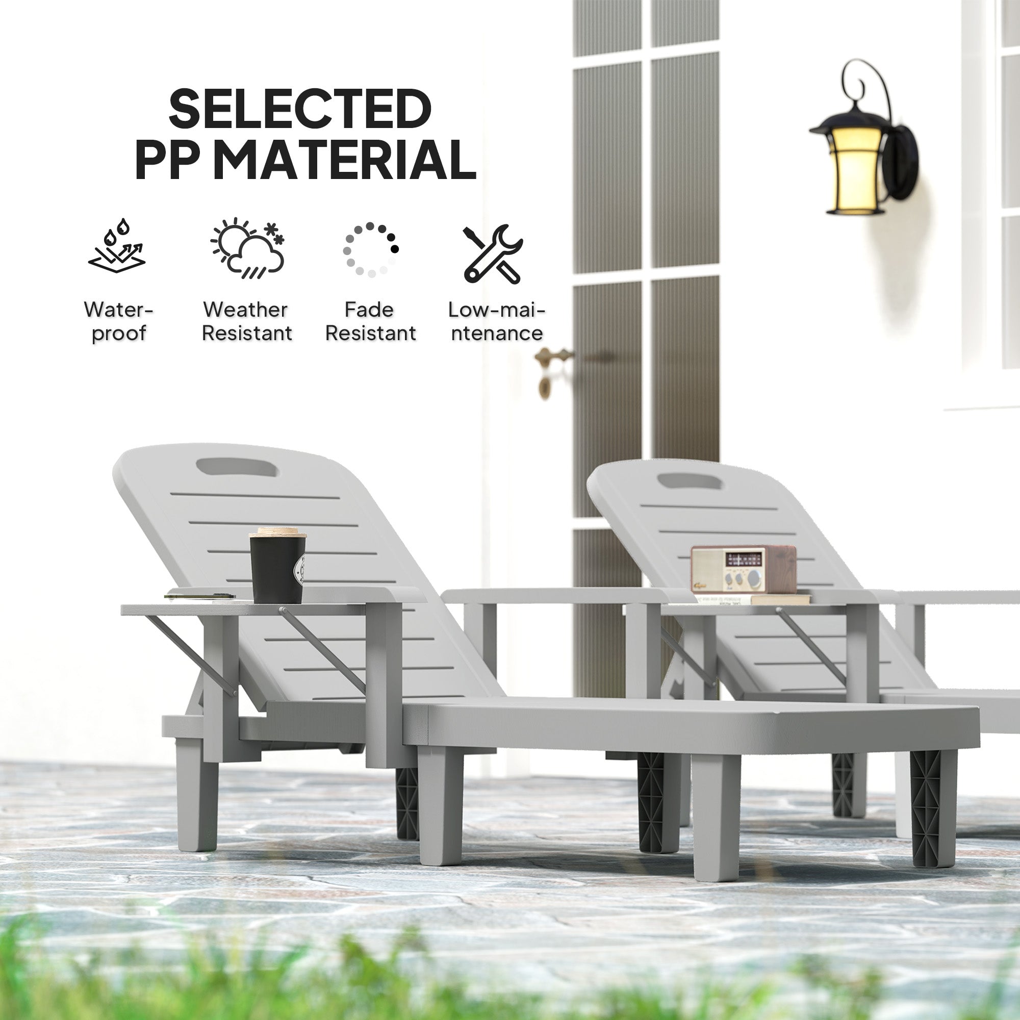 Outsunny Set of 2 Resin Reclining Sun Loungers for Garden, 5 Positions Adjustable Outdoor Chaise Lounge Chairs with Wood Texture Surface, Armrests, Foldable Side Table for Garden, Beach, Light Grey 