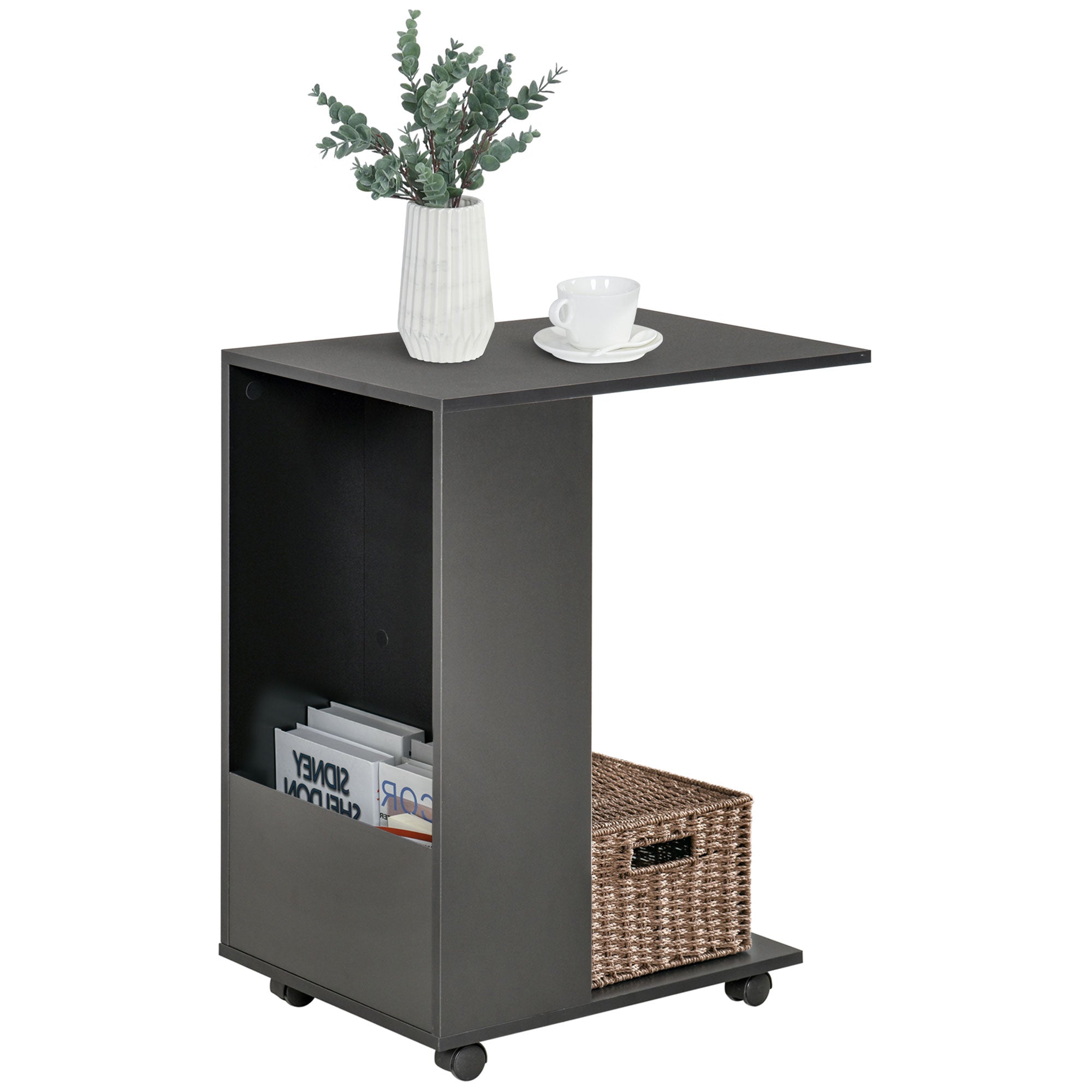 HOMCOM Mobile Sofa Side Table C-Shape End Table with Storage and Casters for Laptop Coffee Snack, Black 