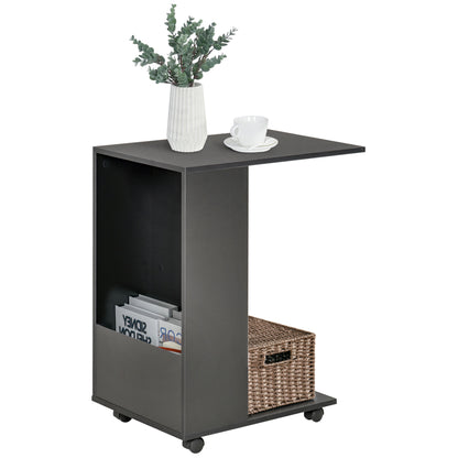 HOMCOM Mobile Sofa Side Table C-Shape End Table with Storage and Casters for Laptop Coffee Snack, Black 