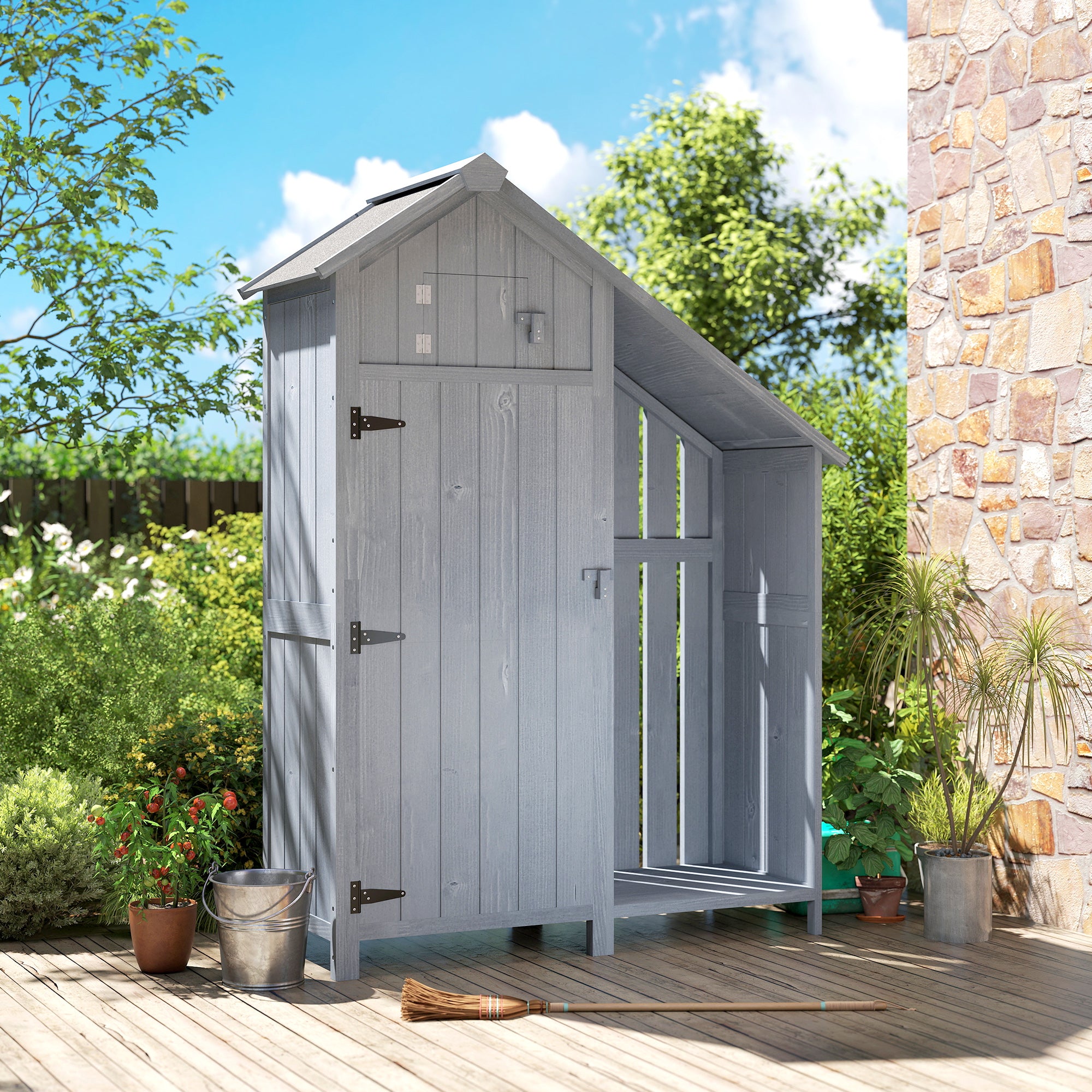 Outsunny Garden Outdoor Storage Shed 3 Shelves Tilt Roof w/ Firewood Rack Log Carrier, 129L x 51.5W x 180H cm 