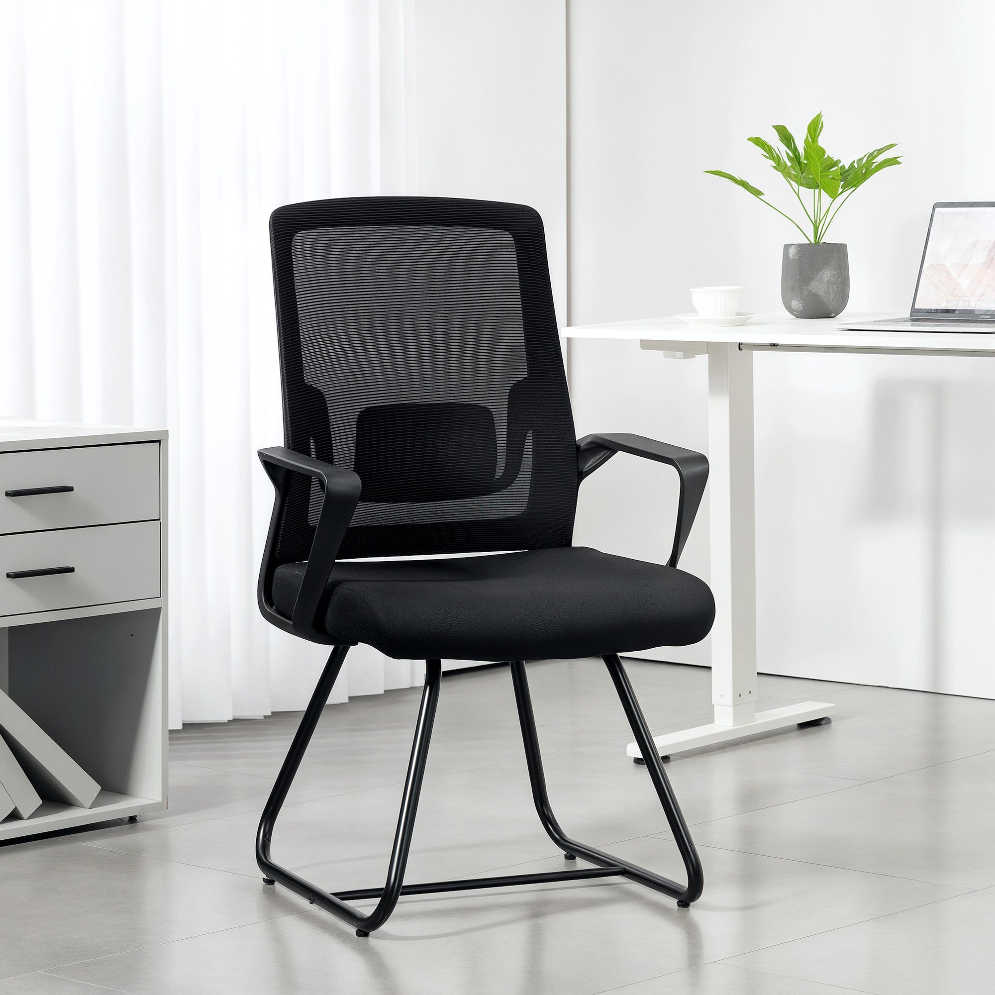 HOMCOM Desk Chair No Wheels, Office Chair with Mesh Back, Lumbar Support, Metal Base for Waiting Room, Conference Room, Black 
