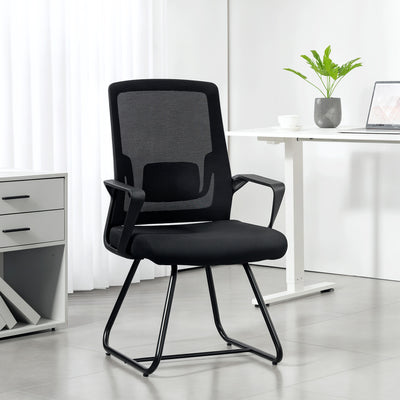 HOMCOM Desk Chair No Wheels, Office Chair with Mesh Back, Lumbar Support, Metal Base for Waiting Room, Conference Room, Black 