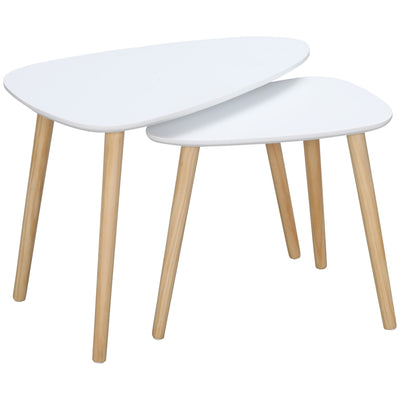 HOMCOM Nesting Coffee Table, Set of 2 Side Tables, Stacking End Tables with Solid Wood Legs, for Living Room Bedroom, White 