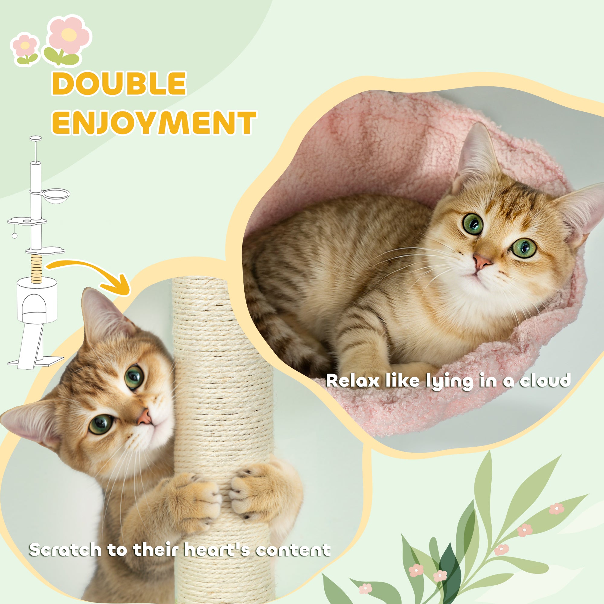 PawHut 220-240 cm Floor to Ceiling Cat Tree Adjustable Height with Hammock, Condo, Scratching Posts, Green 