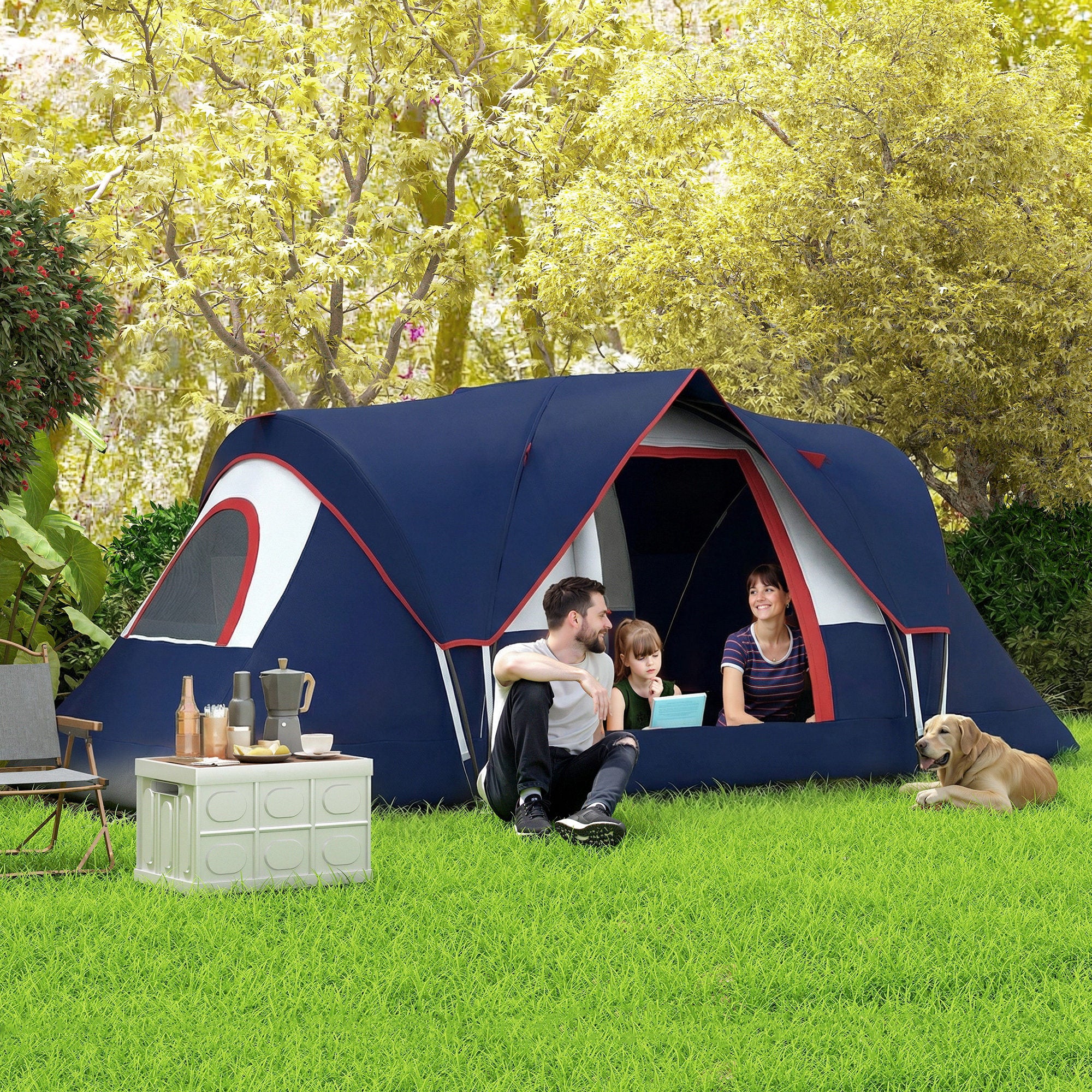 Outsunny 5-6 Man Camping Tent, Tunnel Tent, Water Resistant Hiking Shelter with Groundsheet and Carry Bag, Navy Blue 