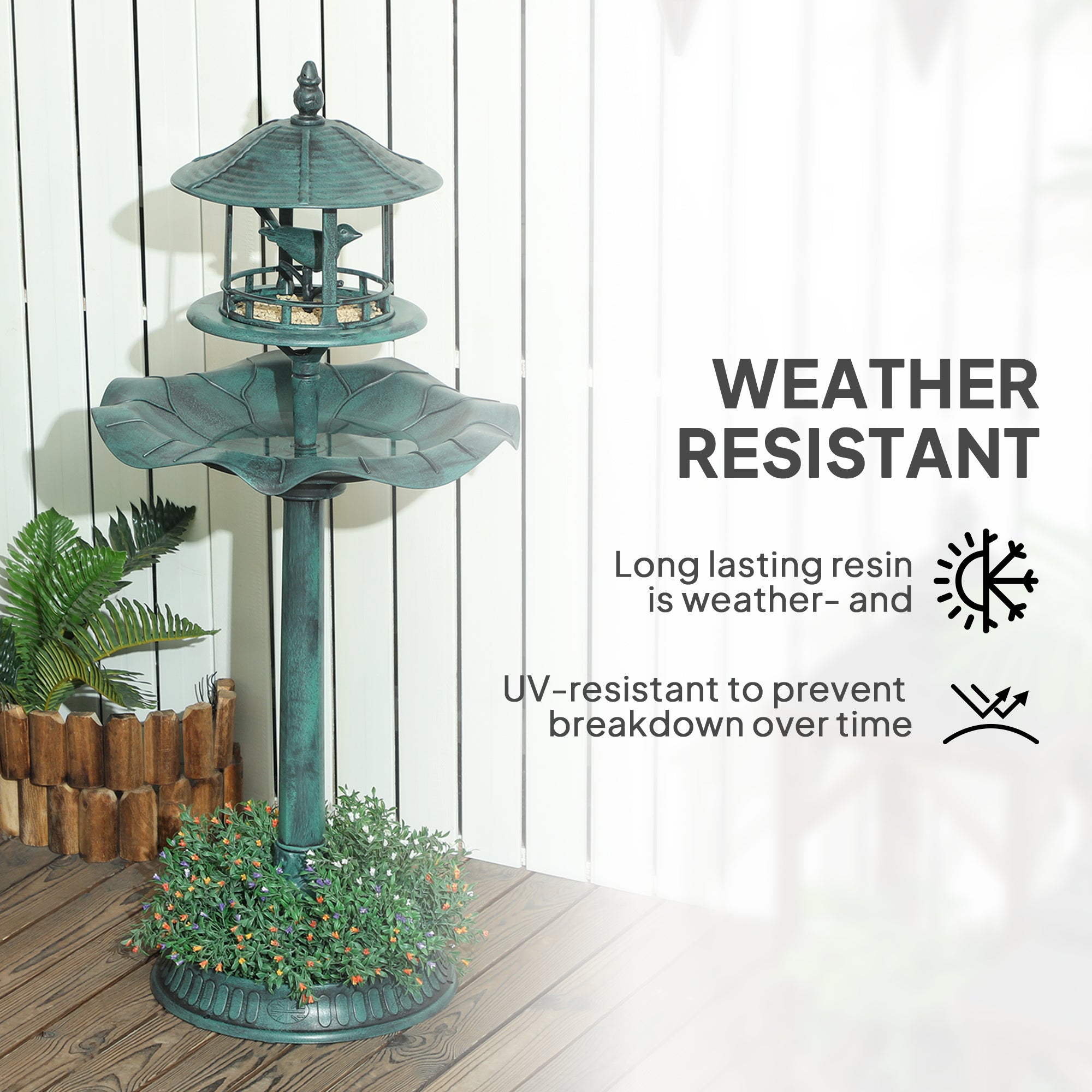Outsunny 3-in-1 Garden Bird Bath, Freestanding Birdbath with Large Water Basin, Underneath Flower Planter, Φ50 x 113 cm, Green 