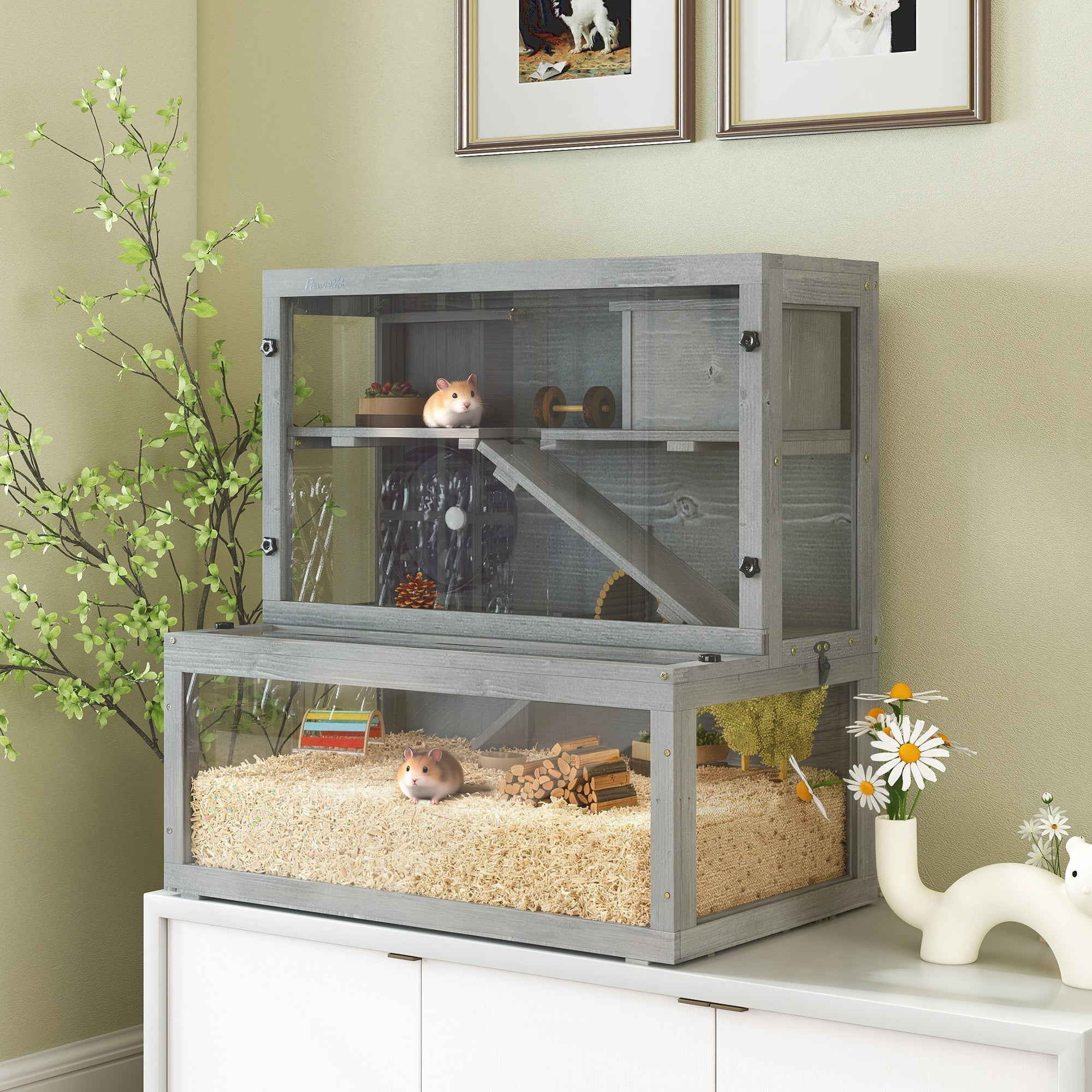 PawHut Wooden Hamster Cage with Hut, Wheel, Ramps, Removable Viewing Panels, 80 x 50 x 84 cm, Grey 