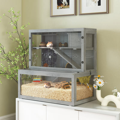 PawHut Wooden Hamster Cage with Hut, Wheel, Ramps, Removable Viewing Panels, 80 x 50 x 84 cm, Grey 