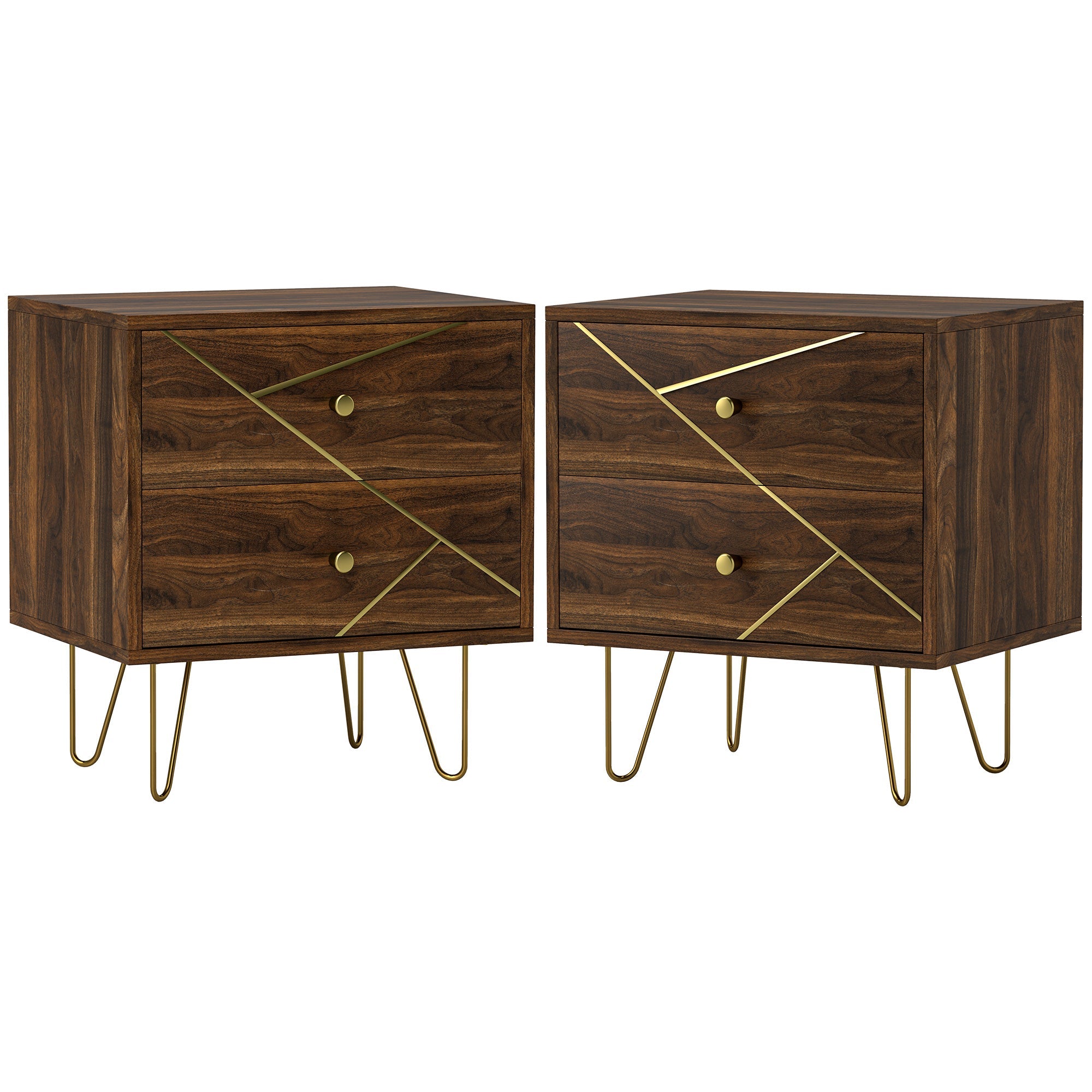 HOMCOM Bedside Tables Set of 2, Modern Side Table Set with 2 Drawers and Steel Hairpin Legs, Nightstand for Bedroom, Brown Wood Grain 