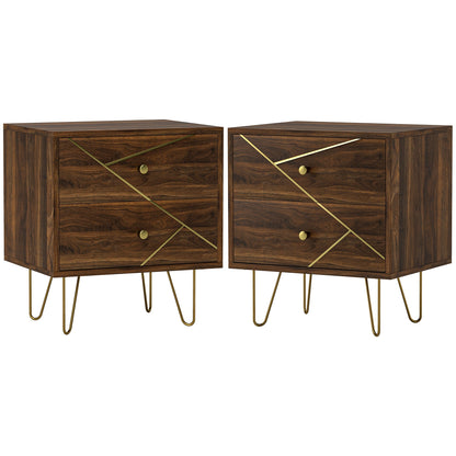 HOMCOM Bedside Tables Set of 2, Modern Side Table Set with 2 Drawers and Steel Hairpin Legs, Nightstand for Bedroom, Brown Wood Grain 