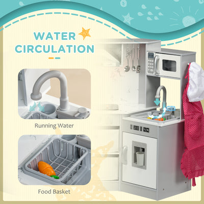 AIYAPLAY Toy Kitchen with Running Water, Lights, Sounds, Apron and Chef Hat, Water Dispenser, for Ages 3-6 Years, Grey 