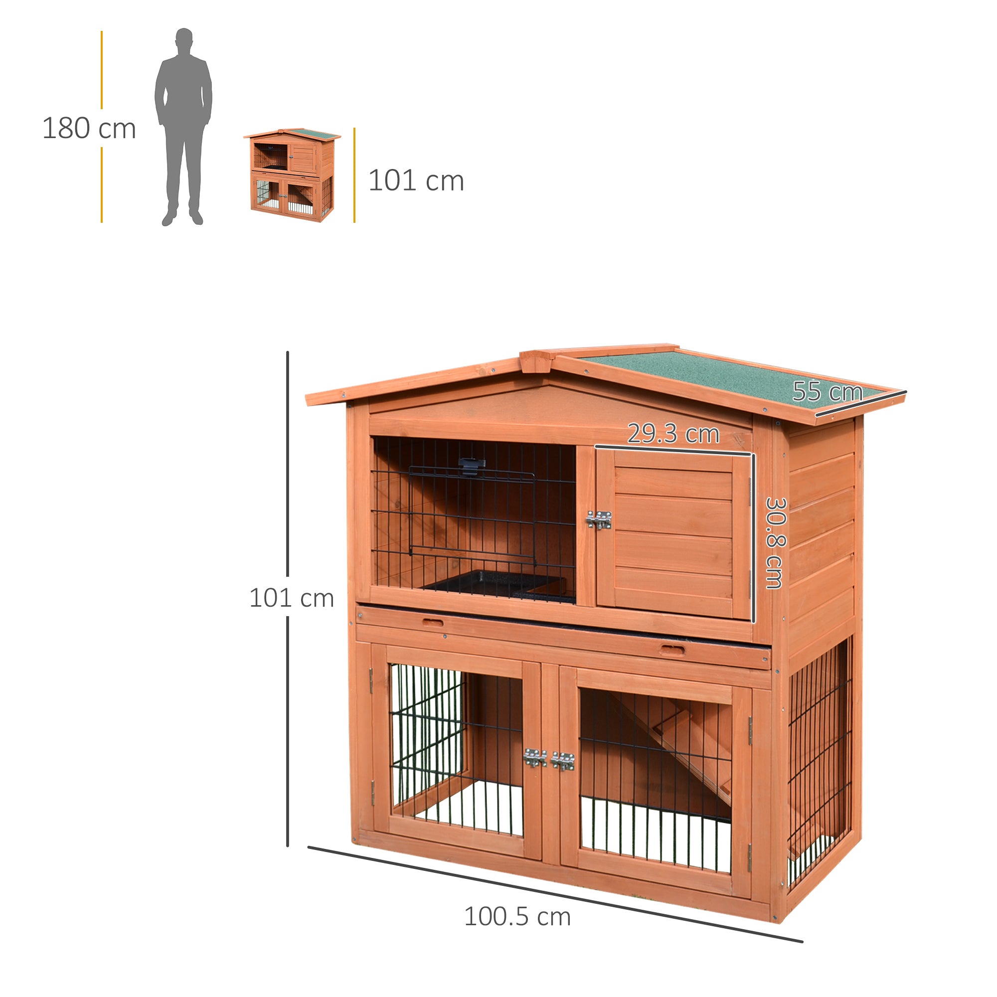 PawHut Rabbit Hutch Outdoor Guinea Pig Hutch 2-Tier Bunny Cage with No-Leak Tray 100.5 x 55 x 101 cm 