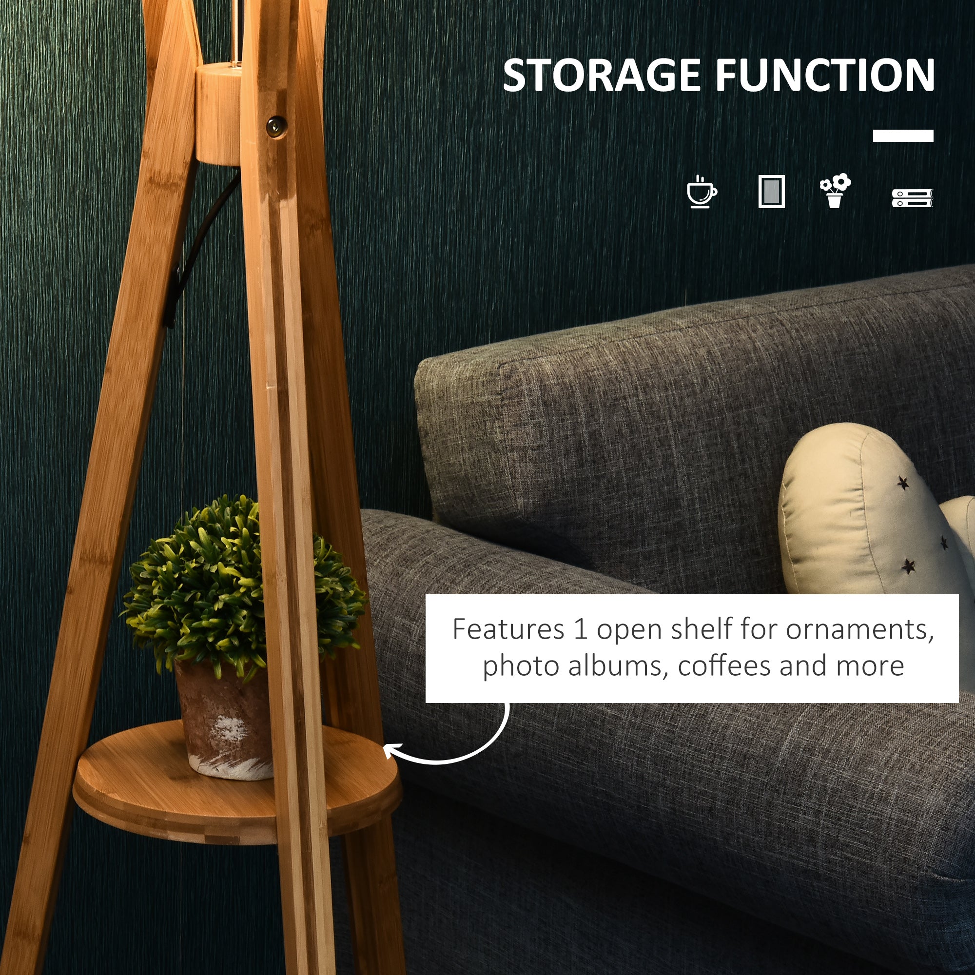 HOMCOM Natural Wood Tripod Floor Lamp Light E27 Base Bedroom Living Room Fabric Shade Storage Shelf Foot Switch, 156cm, Grey 
