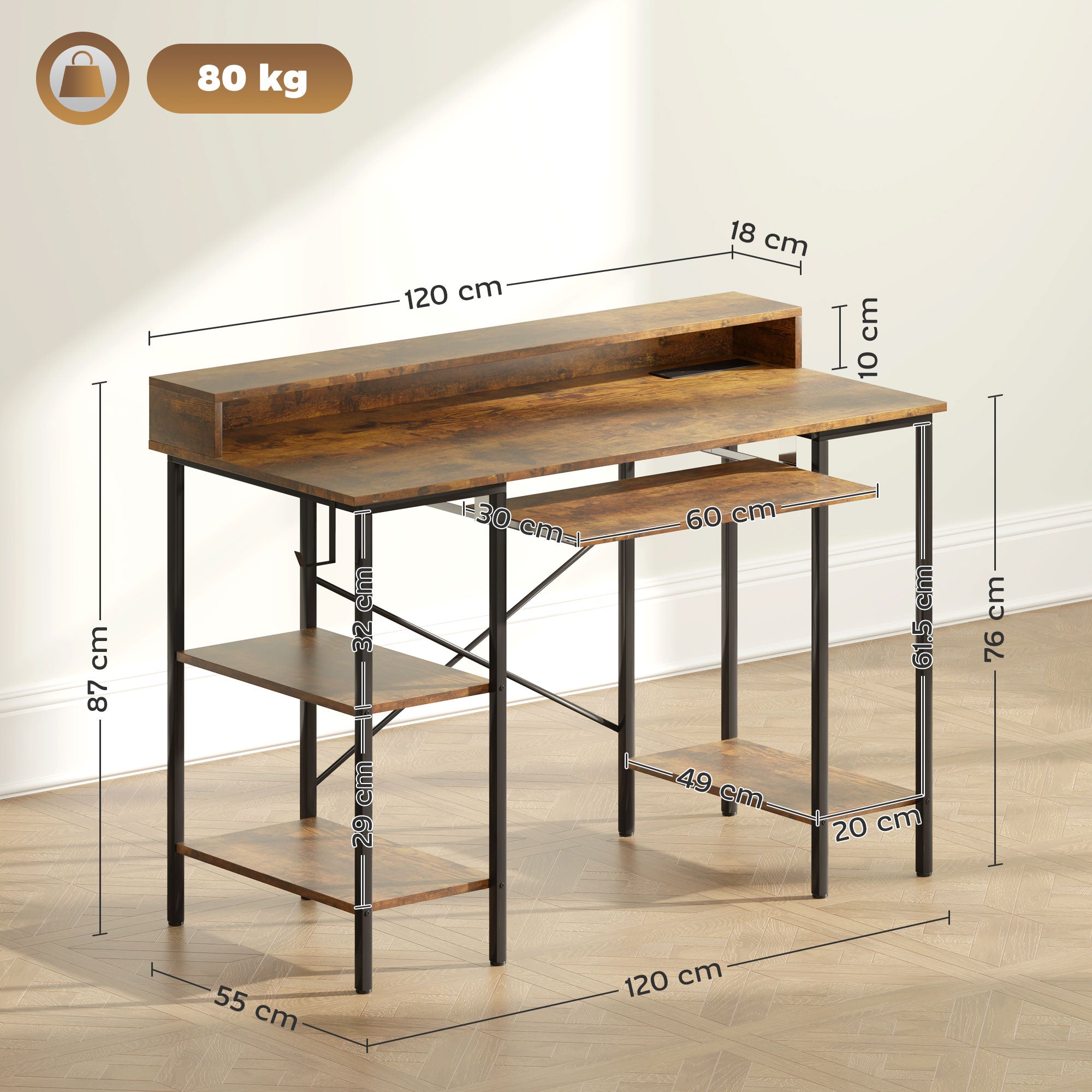 HOMCOM Computer Desk with LED Lights and Power Outlets, 120 x 55 cm Reversible Gaming Desk with Monitor Stand, Sliding Keyboard Tray and Storage Shelves for Home Office, Rustic Brown 