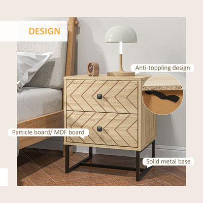 HOMCOM Bedside Table Nightstand Two-Drawer Bedroom Storage Unit Zig Zag Design with Black Metal Handles, Natural 