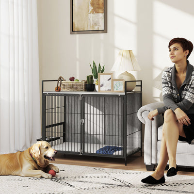 PawHut Large Dog Crate Furniture with Rotating Bowl Holder, 2 Bowls, 2 Doors, for Large Dogs, 100 x 60 x 88 cm, Grey 