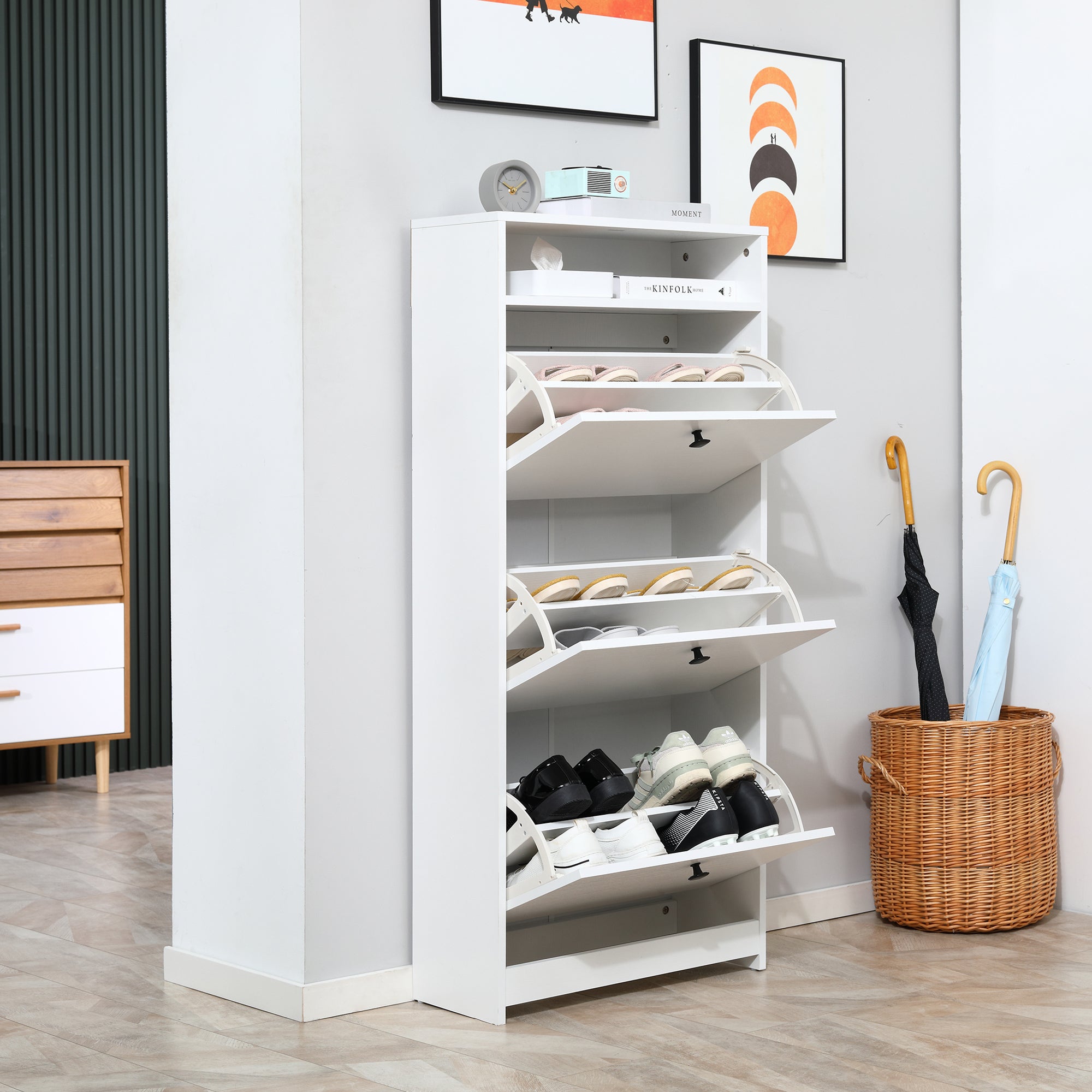 HOMCOM Narrow Shoe Cabinet with 3 Flip Doors, 14-18 Pairs Shoe Cupboard with Open Shelf for Slim Hallway and Entryway, 24 x 60 x 132 cm, White 