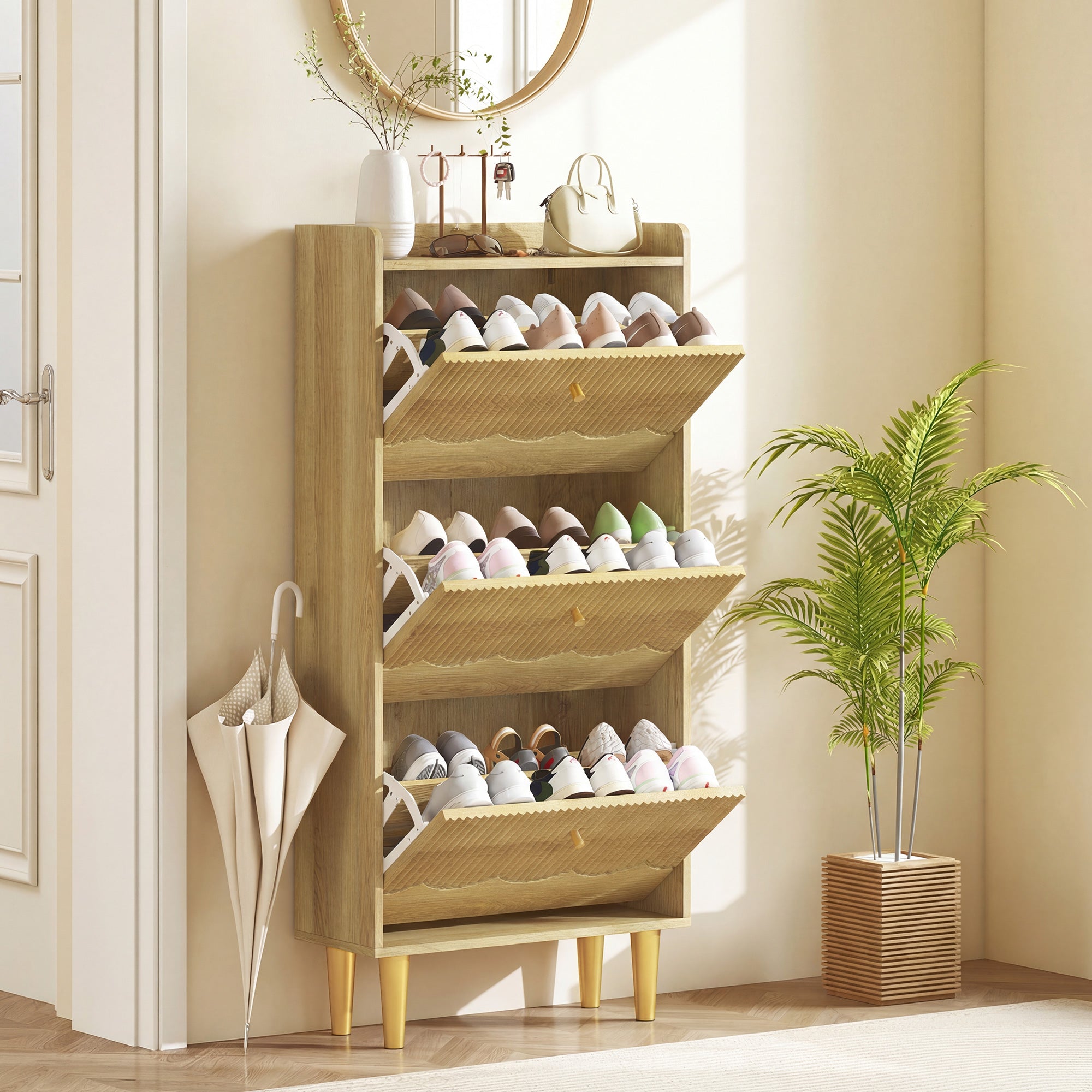 HOMCOM Narrow Shoe Cabinet, Modern Shoe Storage Cabinet with 3 Flip Drawers, Oak 
