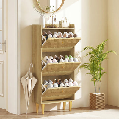 HOMCOM Narrow Shoe Cabinet, Modern Shoe Storage Cabinet with 3 Flip Drawers, Oak 