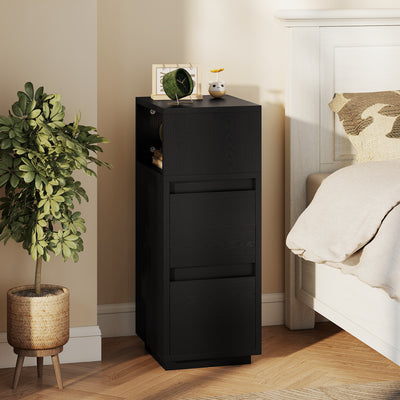 HOMCOM Slim Bedside Table, Narrow Bedside Cabinet with Open Shelf and 2 Drawers for Bedroom, Living Room, Black 