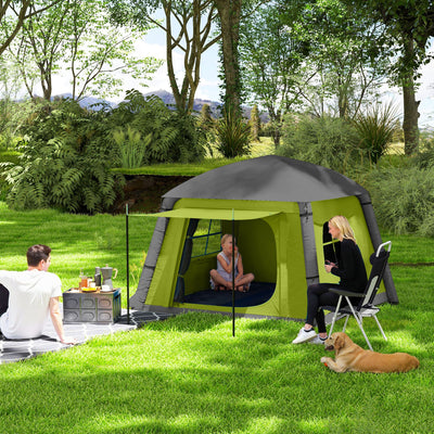 Outsunny Inflatable Camping Tent w/ Hand Pump, Easy Setup 1/2 Person Blow Up Tent Waterproof 190T Taffeta w/ Mesh Windows, Doors and Carry Bag, Green 