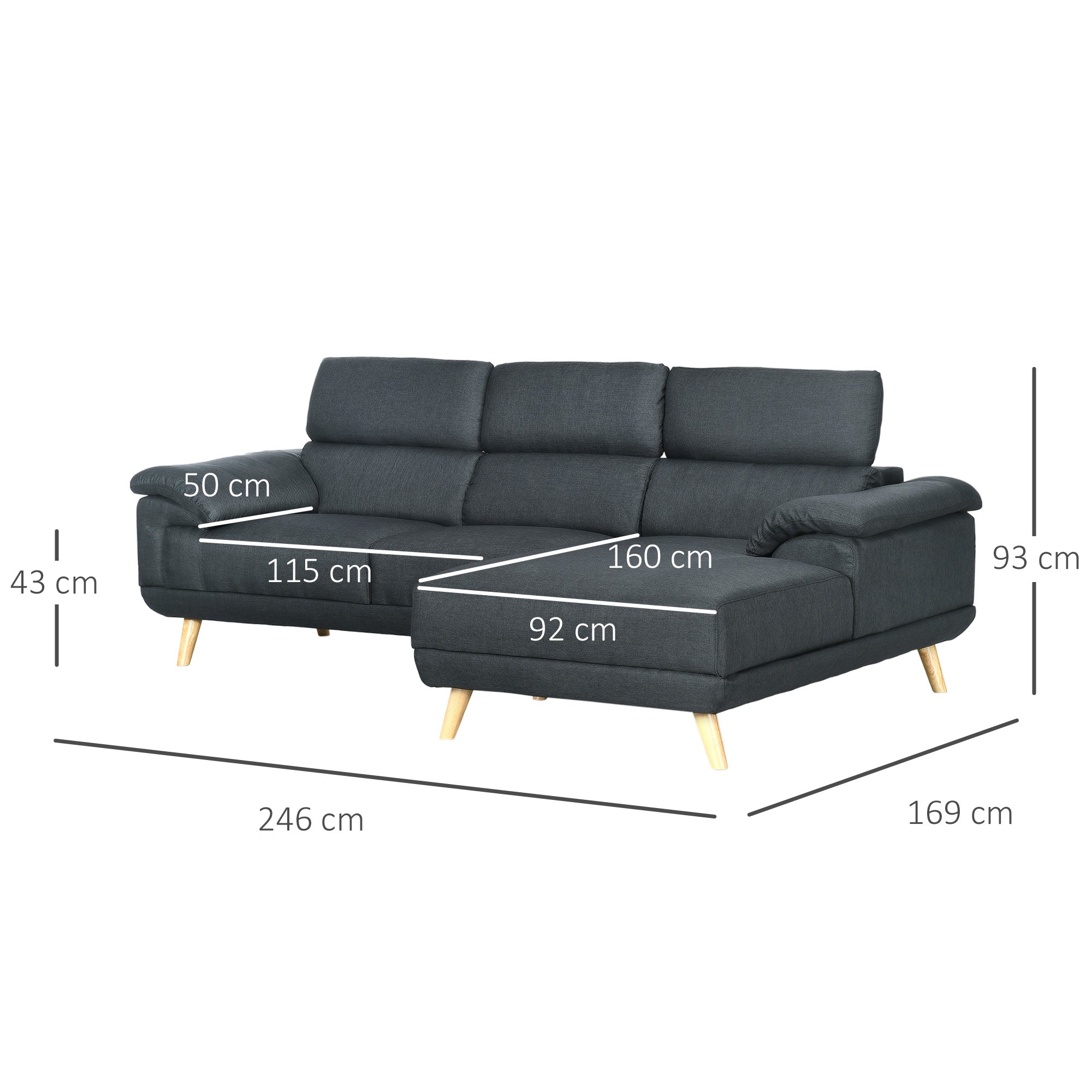 HOMCOM 3 Seater Corner Sofas for Living Room with Adjustable Headrest, Fabric L Shaped Sofa Settee, Couch, Dark Grey 