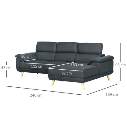 HOMCOM 3 Seater Corner Sofas for Living Room with Adjustable Headrest, Fabric L Shaped Sofa Settee, Couch, Dark Grey 