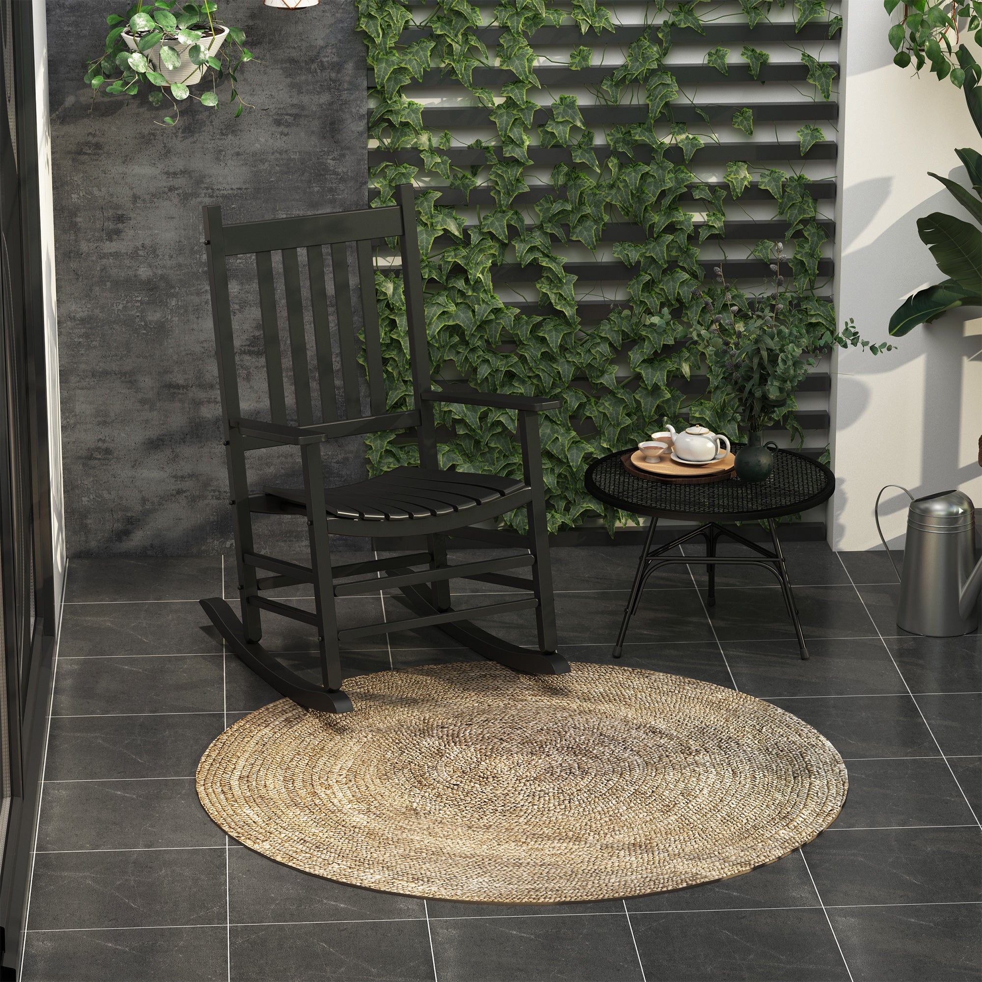 Outsunny Outdoor Porch Rocking Chair Armchair Wooden Patio Rocker Balcony Deck Garden Seat Black 