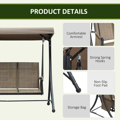 Outsunny 3 Seater Garden Swing Seat Outdoor Swing Chair with High Back Design, Steel Frame, Side Pouches, Adjustable Canopy, Brown 