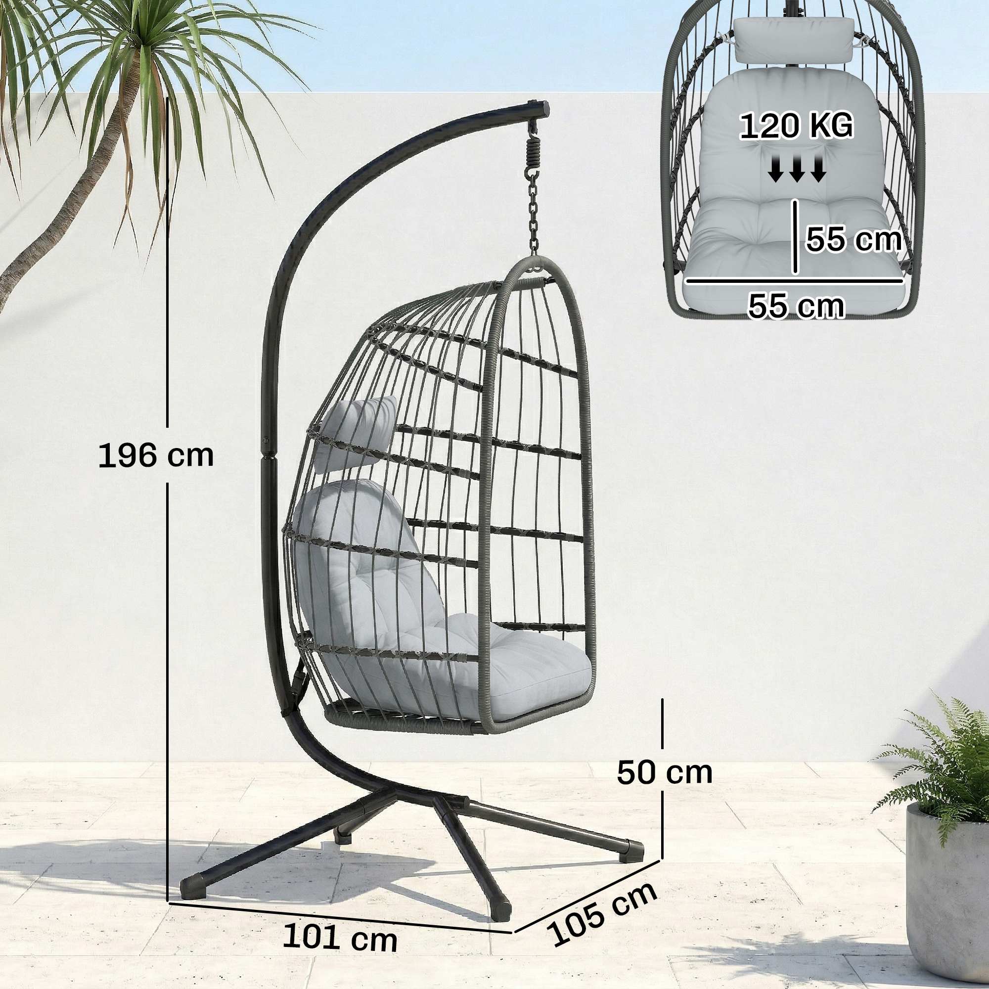 Outsunny Hanging Egg Chair, Indoor Outdoor Hammock Swing Chair with Stand, Safety Strap, Foldable Basket, Dark/Light Grey 