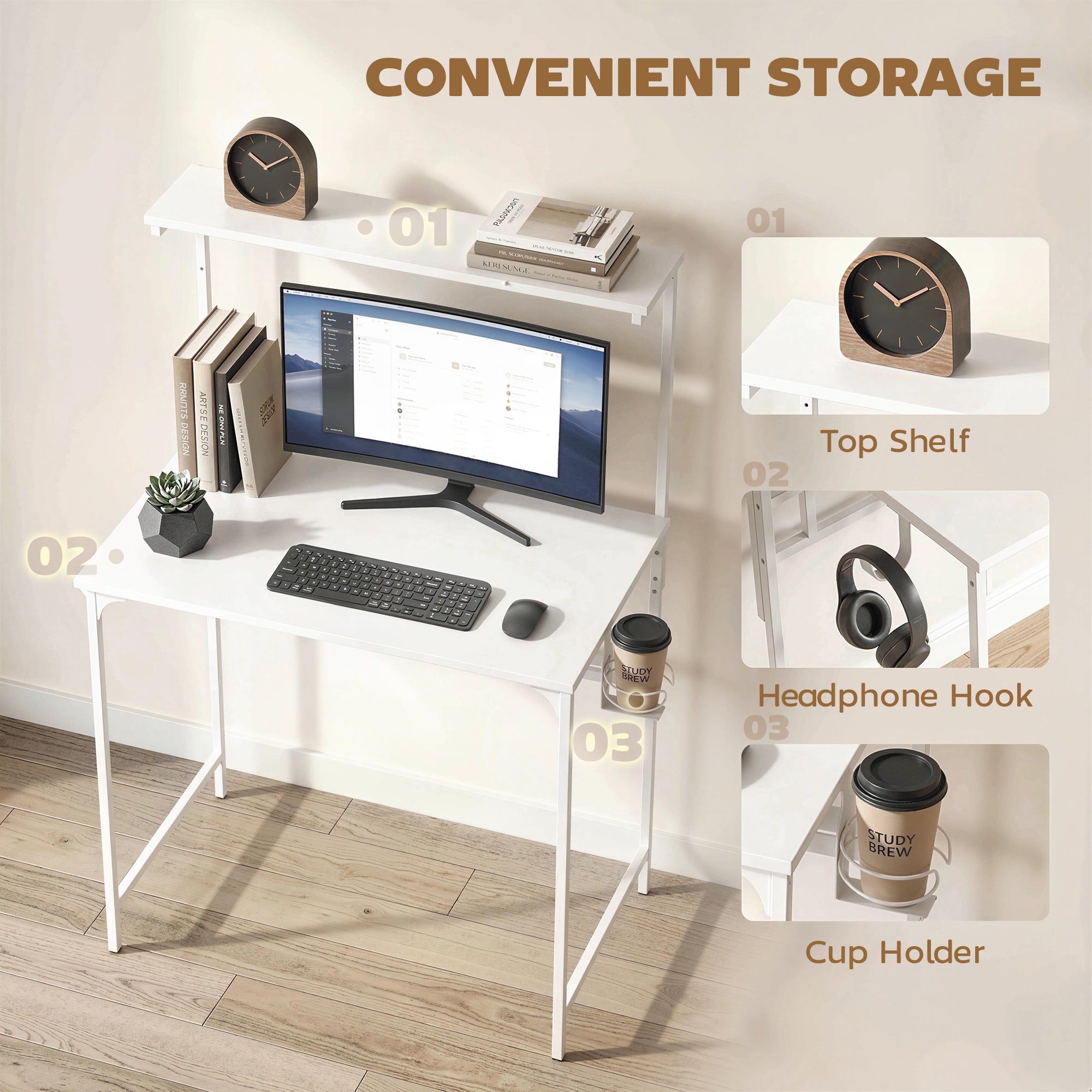 HOMCOM Computer Desk, 80cm Home Office Study Table with Hutch Shelf, Cup Holder, Headphone Hook, White 