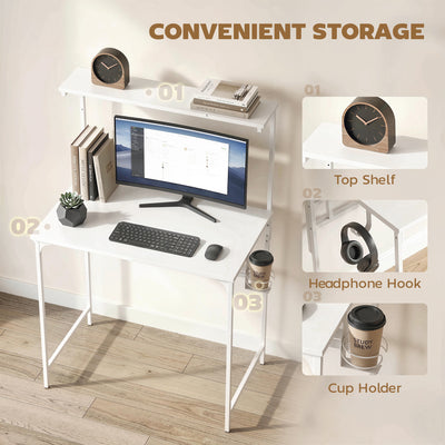 HOMCOM Computer Desk, 80cm Home Office Study Table with Hutch Shelf, Cup Holder, Headphone Hook, White 