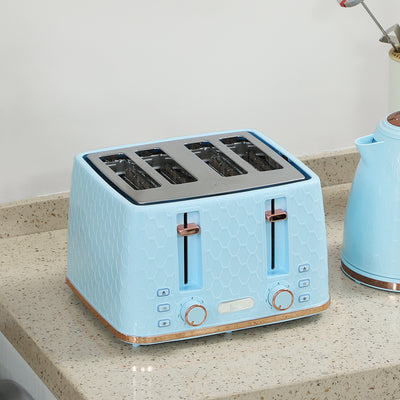 HOMCOM Kettle and Toaster Set, 1.7L 3000W Fast Boil Jug Kettle, 4 Slice Toaster with 7 Level Browning Controls, Light Blue 