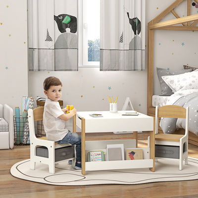 HOMCOM Three-Piece Kids Table and Chair Set with Blackboard, Storage, Bookshelves - Natural Wood 