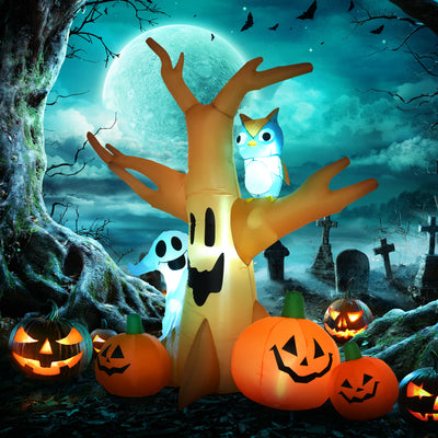 HOMCOM 240cm Large Halloween Scary Lighting Inflatable Tree Ghost 3 Pumpkins Owl 4 LED Indoor Outdoor Holiday Decoration 