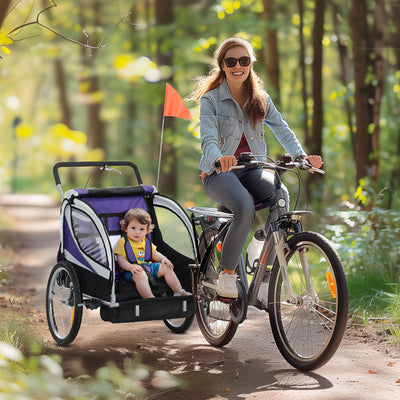 HOMCOM Baby Bike Trailer with 5 Point Harness, Steel Frame, Reflectors, Safety Flag, Hitch Coupler, Purple 
