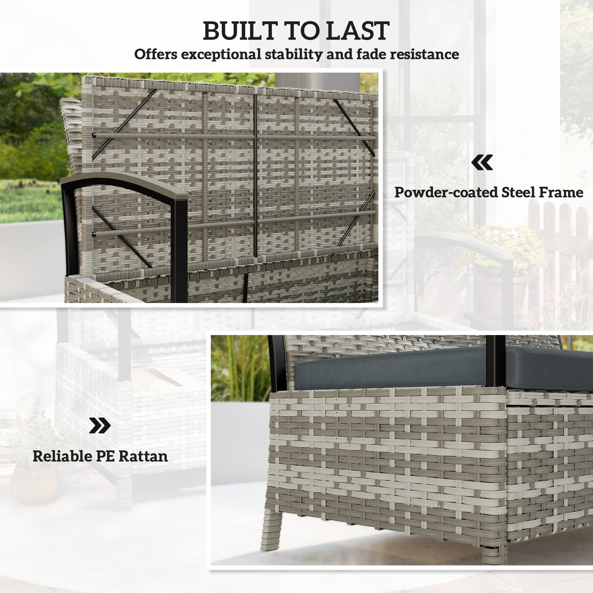Outsunny 125L Garden Storage Bench, 2 Seater PE Rattan Outdoor Bench Storage Box with Padded Cushion, Dark Grey 