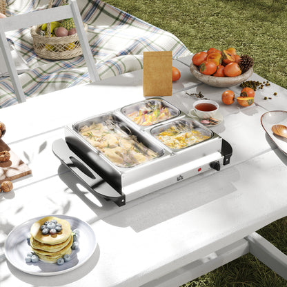HOMCOM 4.5L Stainless Steel Electric Buffet Server, with 3x Trays and Lids 