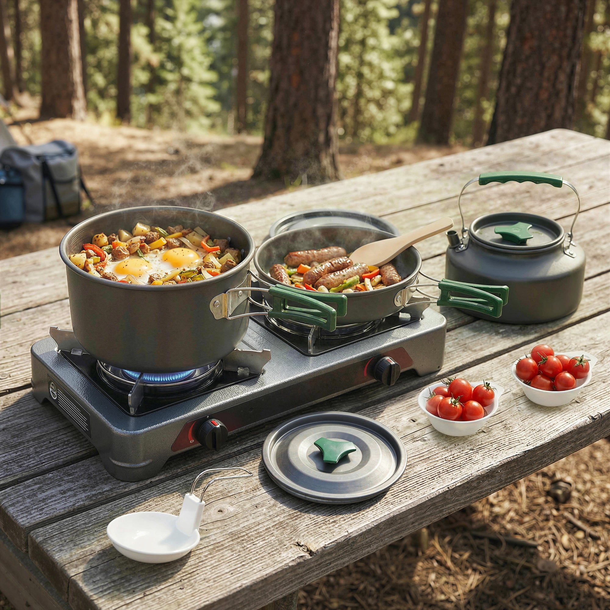 Outsunny Camping Cookware Set for 2-3 People, Ultralight Aluminium Camping Cooking Kit with Anti-Scald Handles, Grey 