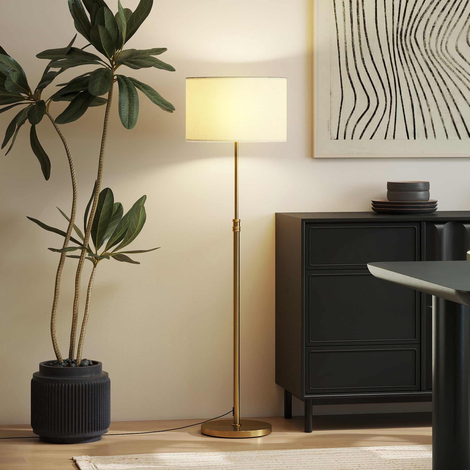 HOMCOM Floor Lamp with Remote, Height Adjustable Standing Lamp with Linen Shade, Dimmable with 3000K-6000K Adjustable Colour Temperatures, Foot Switch for Living Room Bedroom Office, Gold Tone 