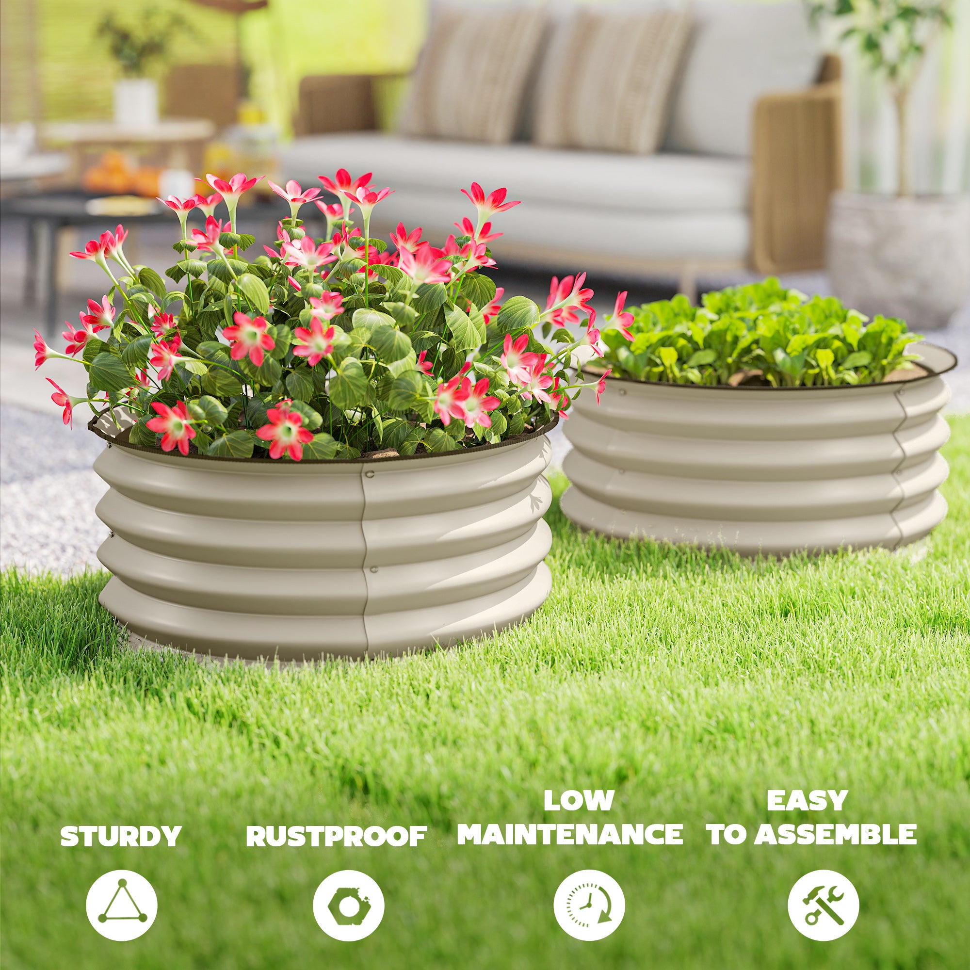Outsunny Set of 2 Raised Garden Bed, Metal Planter Box with Safety Edging, Easy-to-assemble Stock Tank, Cream White 