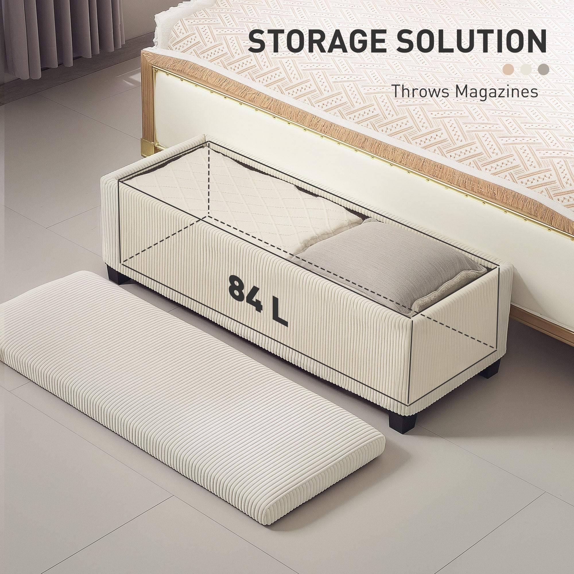 HOMCOM Storage Ottoman Bench, Corduroy Footstool with Removable Lid and Legs, 112cm Storage Chest Box for Living Room, Bedroom, Hallway, Beige 